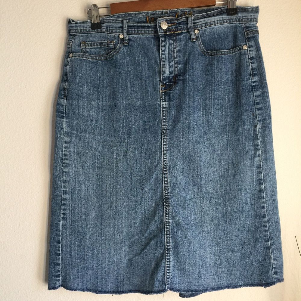 Drama Gold Denim Riding Skirt 11 12 A Line Kick Pleat Raw Hem Y2K